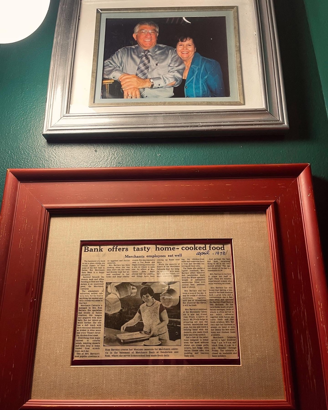 A framed 1978 newspaper clipping about Rose's home-cooked food